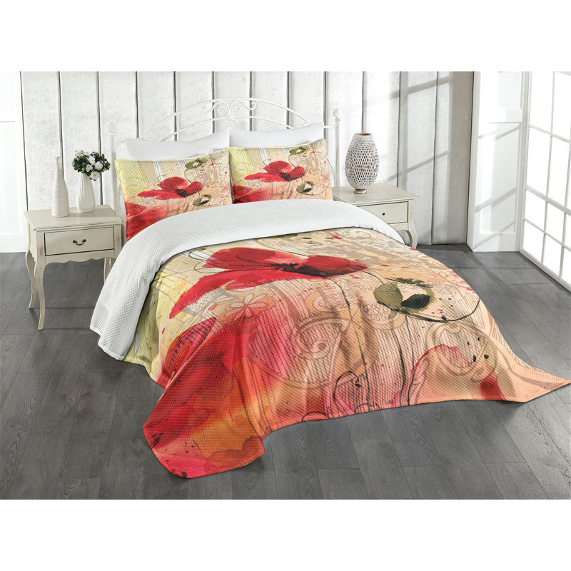 Ambesonne Floral Bedspread Retro, King Bedspread + 2 Standard Shams