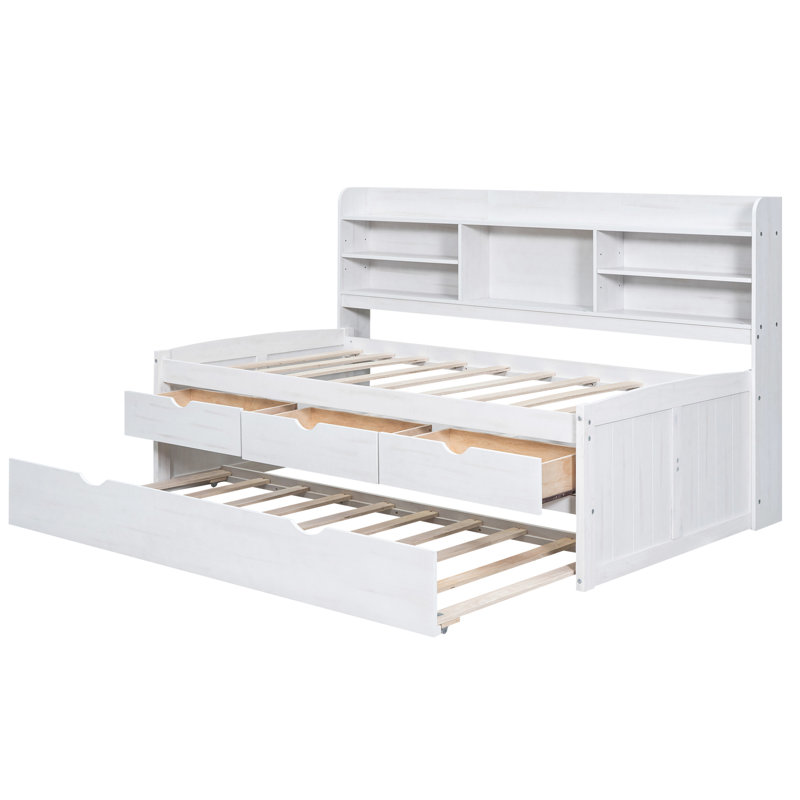 Lit simple en bois avec tablettes intégrées, trois tiroirs et lit gigogne en blanc délavé, 3 tablettes