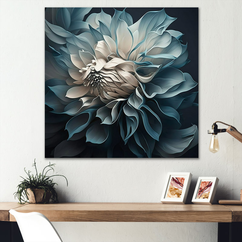 Fleurs de dahlia bleues et blanches I - Dahlia, H 30 po x l 30 po, Toile tendue, Sans cadre