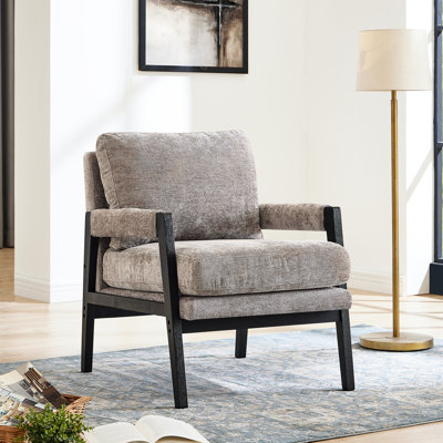 Fauteuil gris - Design moderne de style Mid-Century, revêtu de chenille, structure en bois stable, coussin amovible avec dossier, coussin de siège, magnifique