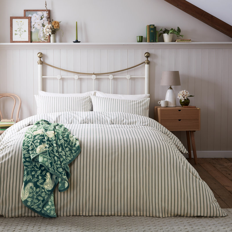 Ticking Stripe Cotton Duvet Cover Set, Double Duvet Cover Set + 2 Pillowcases, Green