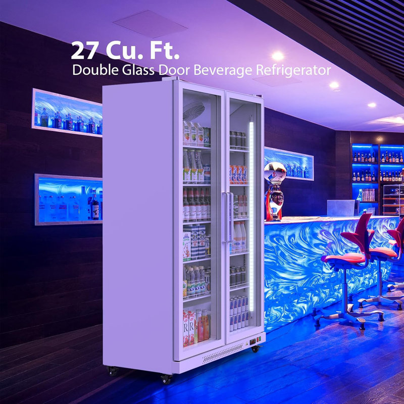 Commercial Merchandiser Refrigerator With 2 Glass Doors, 27.1 Cu.Ft, Display Beverage Cooler Fridge With LED Lighting For Bar Restaurant Cafe, ETL NSF Certified, White