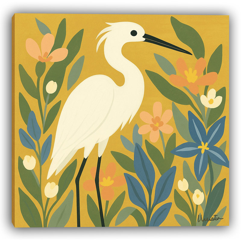«Golden Garden Heron», art mural moderne sur toile, H 20 po x l 20 po