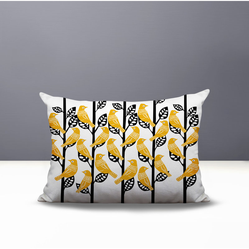 Oreiller rectangulaire intérieur / extérieur Tanza Bird, Jaune, Rectangle H 18 po x l 25 po