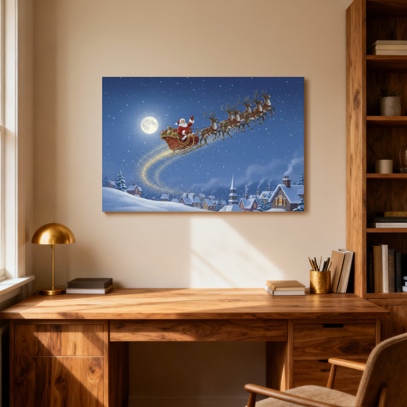 Noël père Noël survolant la ville enneigée, H 20 po x l 30 po