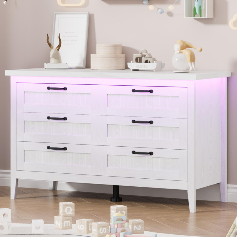 6-Drawer Wide Storage Dresser – LED Lights & Power Outlet, White, Easy Assembly for Bedroom or Nursery (White), White