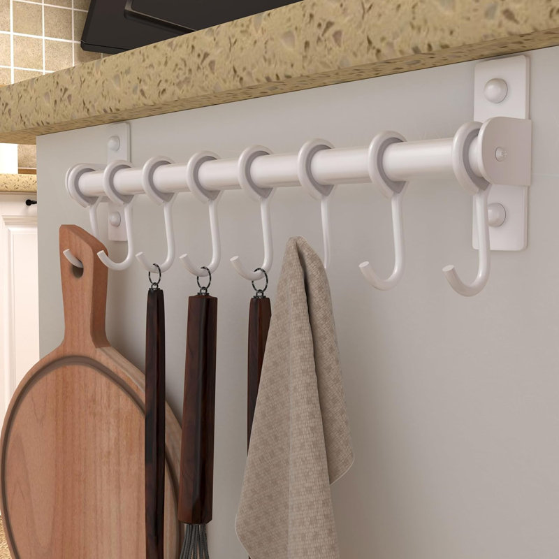 Kitchen Utensil Holder Hanger, Pot And Pan Rack Wall Mount, Kitchen Rail With 8 Hooks For Hanging Cooking Utensils, Mugs, Spoons, Wall Mounted, Stainless Steel, White