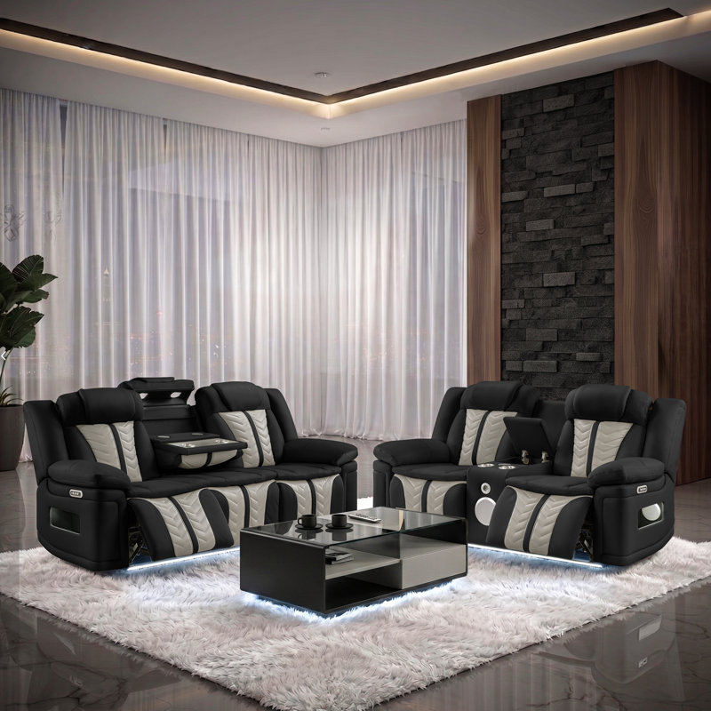 Ensemble de sièges de cinéma inclinables avec accoudoirs, éclairage DEL et audio Bluetooth Apex, 2 Pieces: Sofa, Loveseat