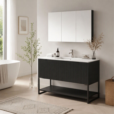 Freestanding Sintered Stone Countertop and Cabinet, 48", Carrara White, 3 Doors, Open Shelf, No Basin