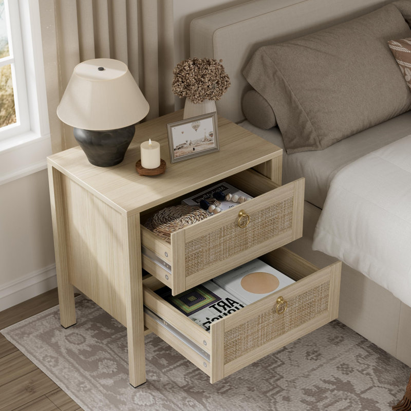 23.6'' Tall Boho Rattan Nightstand With 2-Drawer (Set Of 2), Large Wood Wide Night Stand
