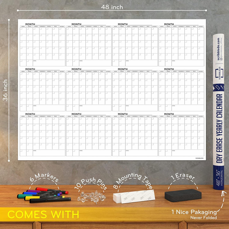 Grand calendrier tableau blanc effaçable à sec 36 "x48" pour mur 12 mois 