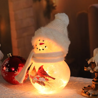 Christmas Decor Lighted Snowman With Led Light,white Knit Hat, Scarf & Cardinal Bird Design, Festive Tabletop Decoration For Indoor Home Ambiance, Ideal Holiday Gift