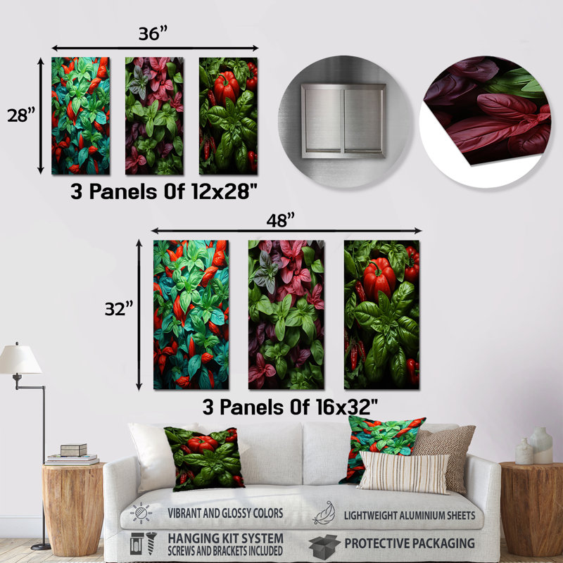 Herbes Basil Vibrance II - ensemble de 3 reproductions d'art en métal Herbs, H 28 po x l 36 po