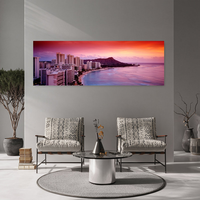 Coucher de soleil, Honolulu, Oahu, Salut, États-Unis, art abstrait moderne et coloré, plage, art mural, H 20 po x l 60 po