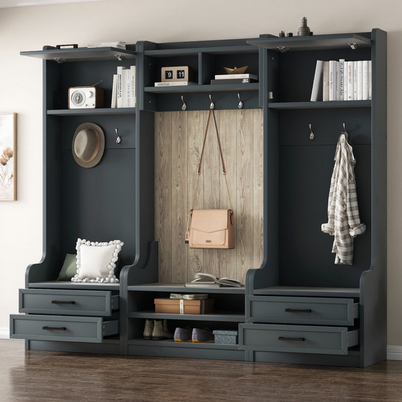 78"W Hall Tree With Bench And Shoe Storage, Blue