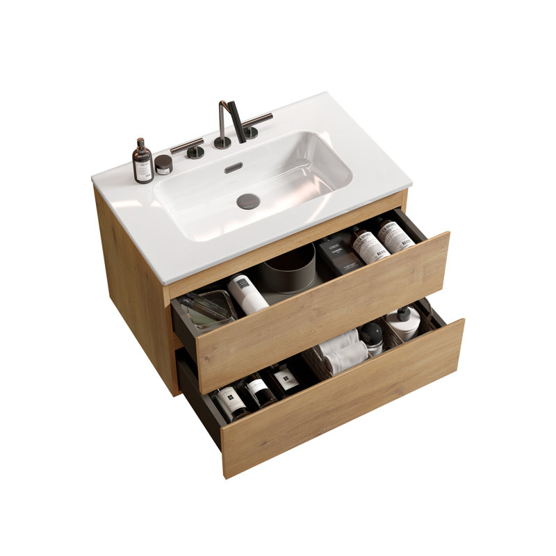 Meuble-lavabo mural flottant avec lavabo en céramique et tiroirs à fermeture en douceur, 30", Wood