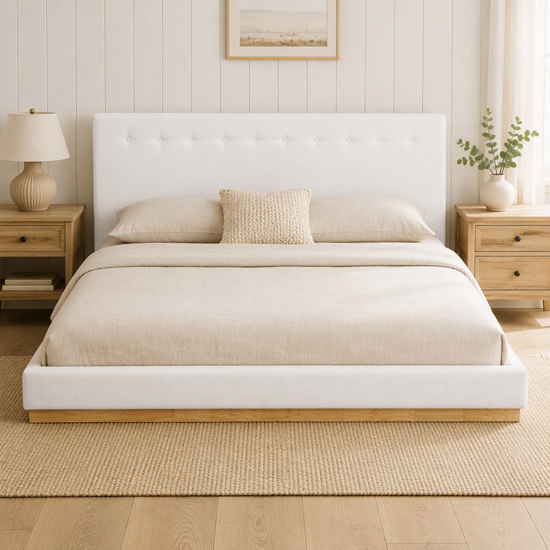 Wood Platform Bed with Upholstered Headboard, Tufted Design