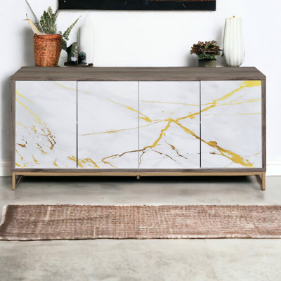 Armoire à peinture en marbre blanc avec champagne - Vaste console de rangement avec compartiments de rangement polyvalents