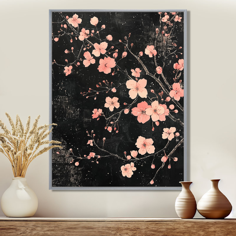 «Cherry Blossom Midnight Blooms II - Cherry Blossom», reproduction sur toile encadrée, H 32 po x l 24 po, Argent argent