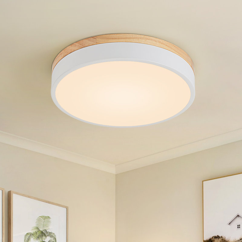 Scandinavian Dimmable Wooden Led Round Flush Mount, White, 2.4" H x 15.7" W x 15.7" D