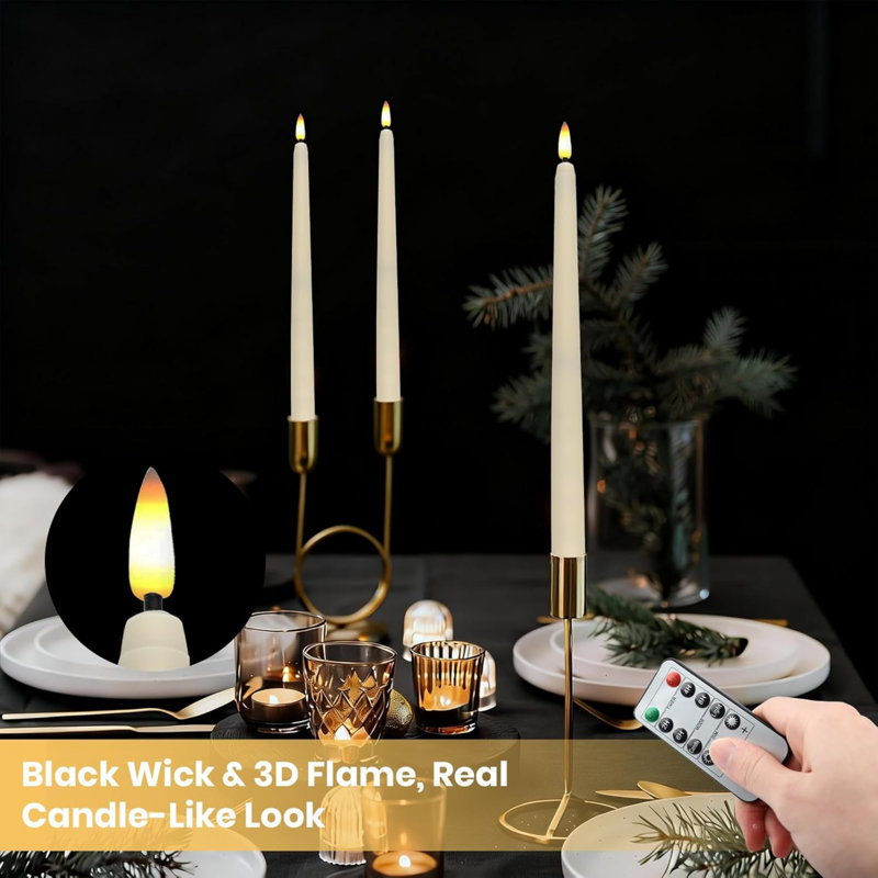 Flameless LED Candle Sticks with Remote Control Timer, 6 Pack Battery Operated Taper Candles, Realistic 3D Wick LED Dinner Candles, Battery Fake Candles for Wedding, Party, Valentine's Day Decor