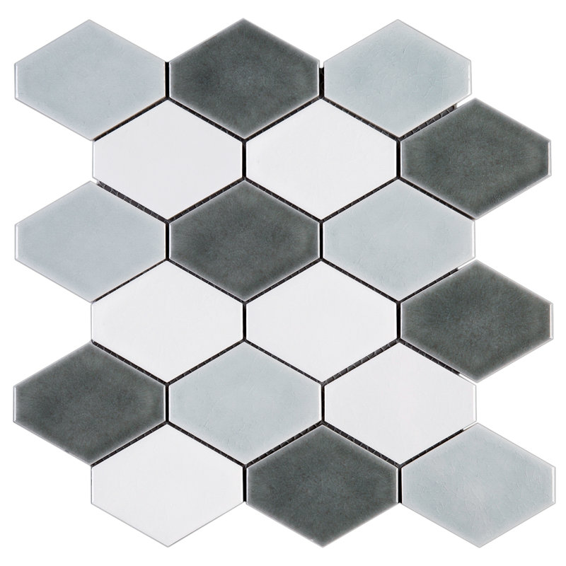 Carreau de mosaïque en porcelaine brillante noué à la main 11,23 po x 10,75 po, Gris