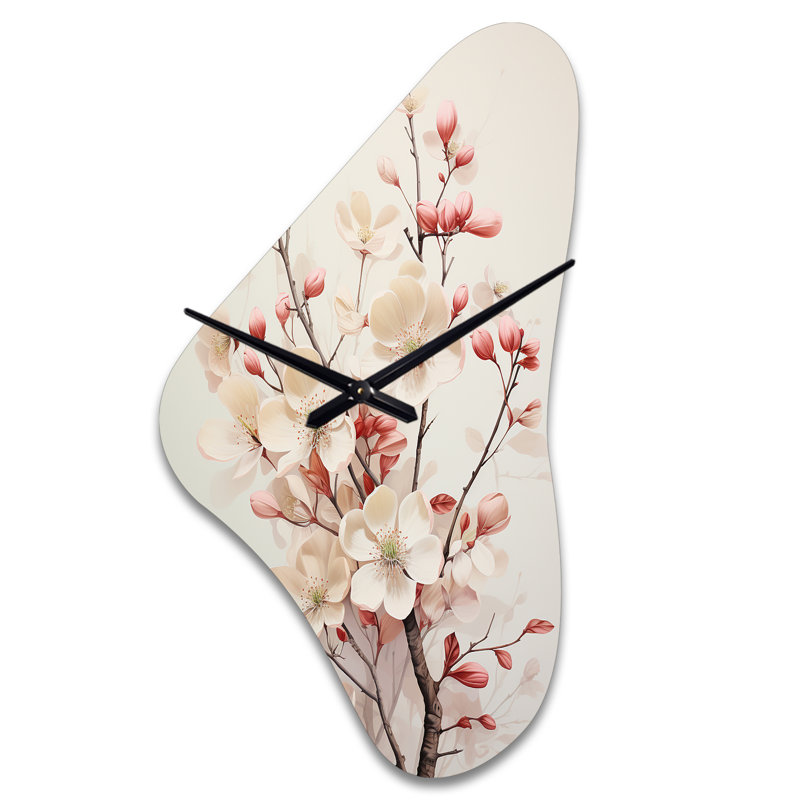 Latreka White Dogwood Blossom Harmony III - Horloge murale asymétrique en métal cornouiller, Grand
