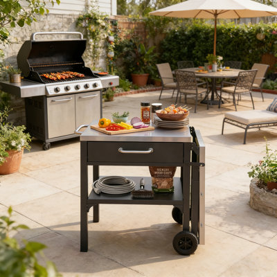 Foldable Stainless Steel Outdoor Prep Station & Portable Grill Cart With Storage Drawer