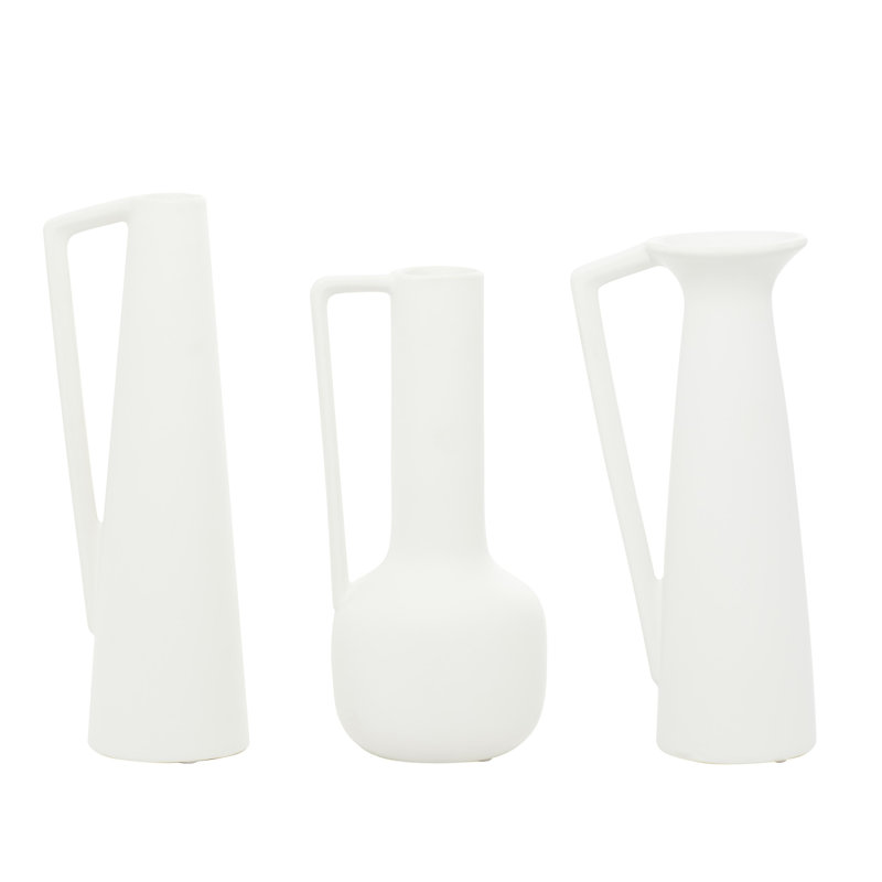 Elegant White Ceramic Vase Trio with Geometric Handles