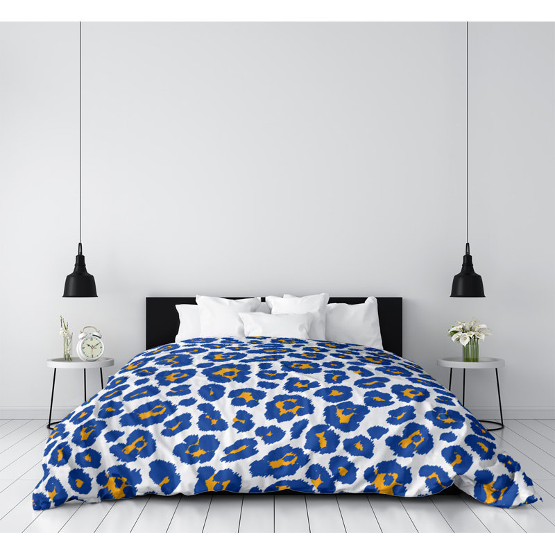 Housse de couette simple à imprimé léopard, Housse de couette pour lit simple, Polyester brossé, Blanc / Bleu / Jaune