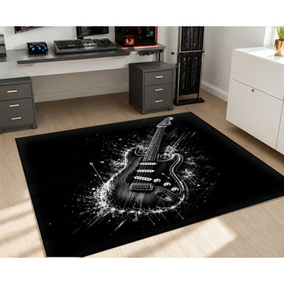 Tapis lavable à la machine électrique de style rock électrique avec envers antidérapant, tapis de sol noir et blanc à motif d'encre, décoration intérieure confortable pour le salon, la chambre à coucher, le jeu, le studio de musique et un appartement