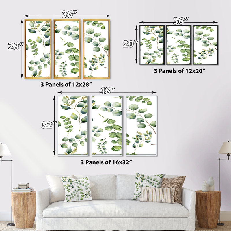 Green Eucalyptus Branches III - ensemble d'art mural sur toile traditionnel encadré 3, H 32 po x l 48 po x P 1 po, Brun