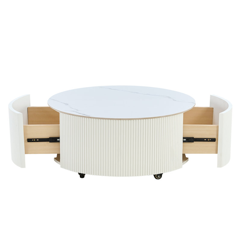 Table basse ronde moderne mobile avec roulettes, 2 tiroirs, plateau en marbre fritté à motif marbré