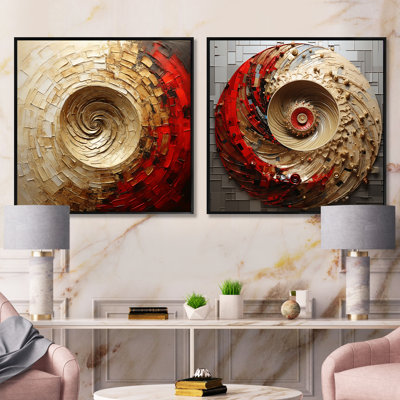 Gold Red Minimalism Spiral Poteries - Abstract Spirals Square Collage Set Of 2