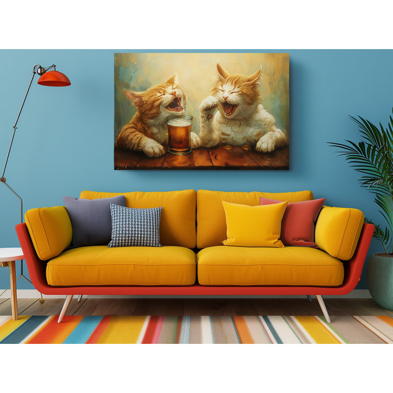 Deux chats avec bière, impression sur toile, décoration murale moderne pour la maison et le bureau, H 16 po x l 24 po
