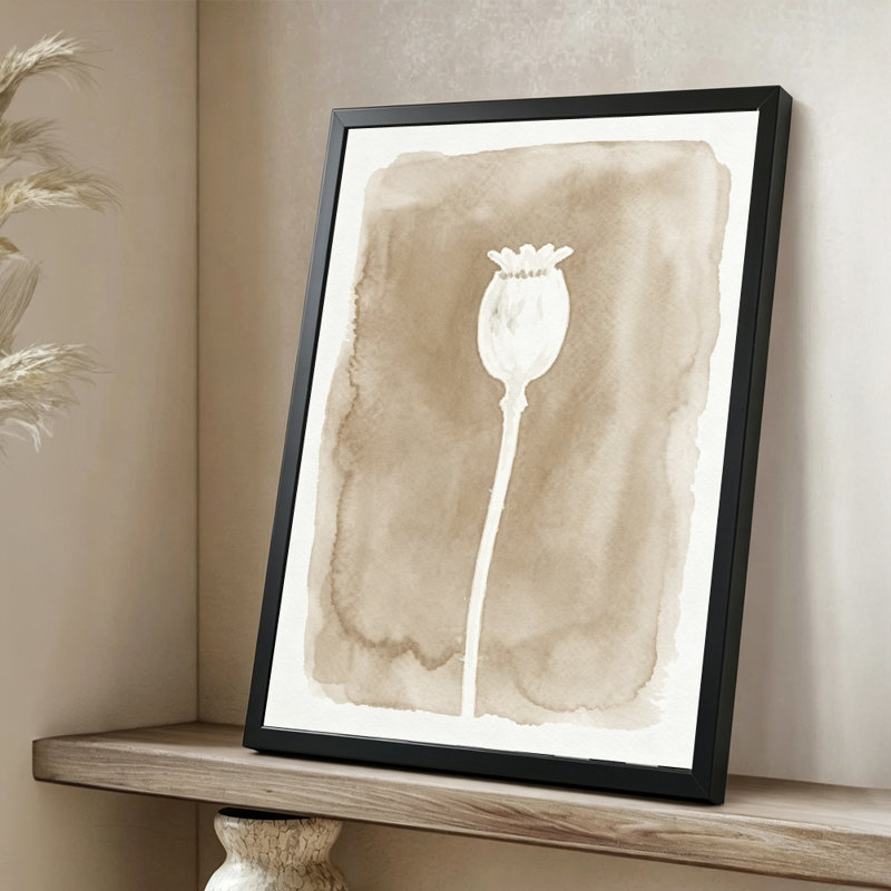 Gousse de pavot moderne et abstraite: isolée sur fond texturé, style aquarelle aux tons sépia. Toile encadrée 24 "x 36" avec cadre en bois noir