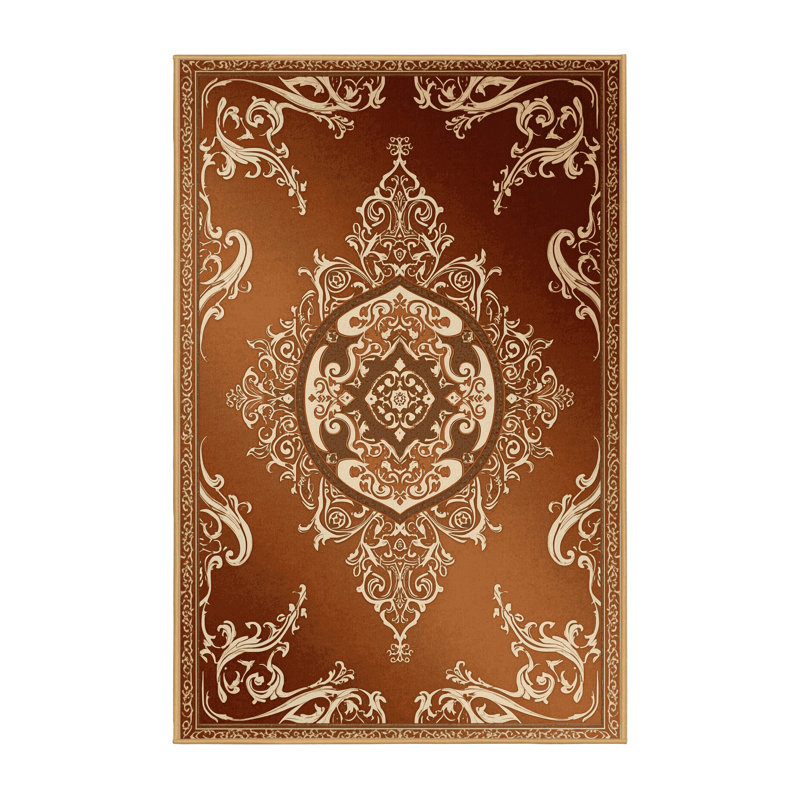 Tapis damassé chic et luxueux lavable à la machine en brun Pahola - reliure brun clair, 8x10