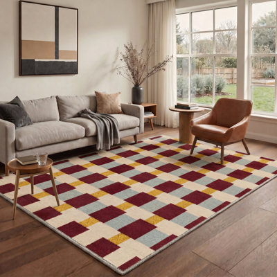 Tapis intérieur beige / jaune / rouge lavable à la machine avec envers antidérapant Ahn Basketweave
