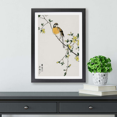 Meadow Bunting Bird and Yellow Flowers by Numata Kashu - Framed Print