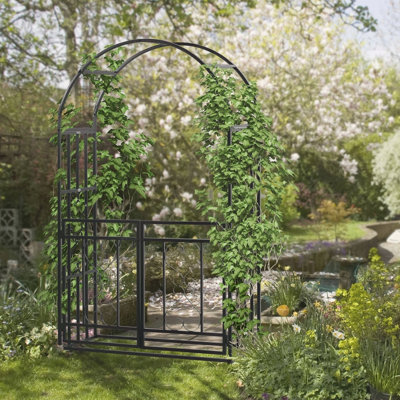 Outsunny 81" Metal Garden Arbor With Double Doors, Locking Gate, Climbing Vine Frame With Heart Motifs, Arch For Wedding, Bridal Party Decoration