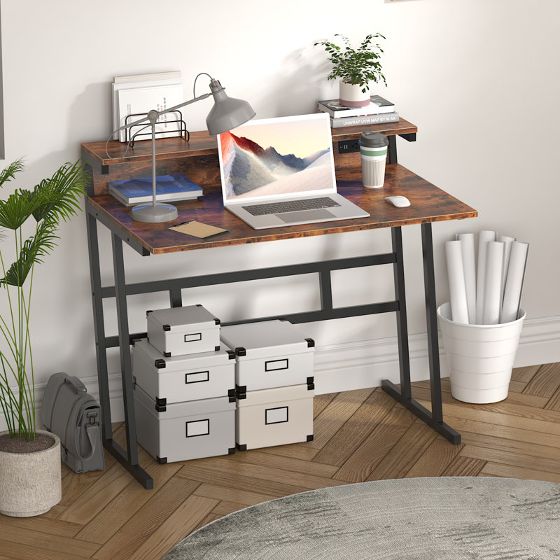 Small Computer Desk,Computer Desk with Power Outlets & Led Light,Home Office Desk with Monitor Shelf,, Brown
