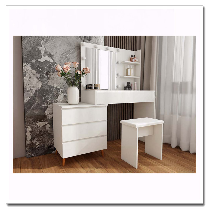 LED Lighted Makeup Vanity Table with Mirror, Storage Drawers, Matching Stool and Organizing Compartments