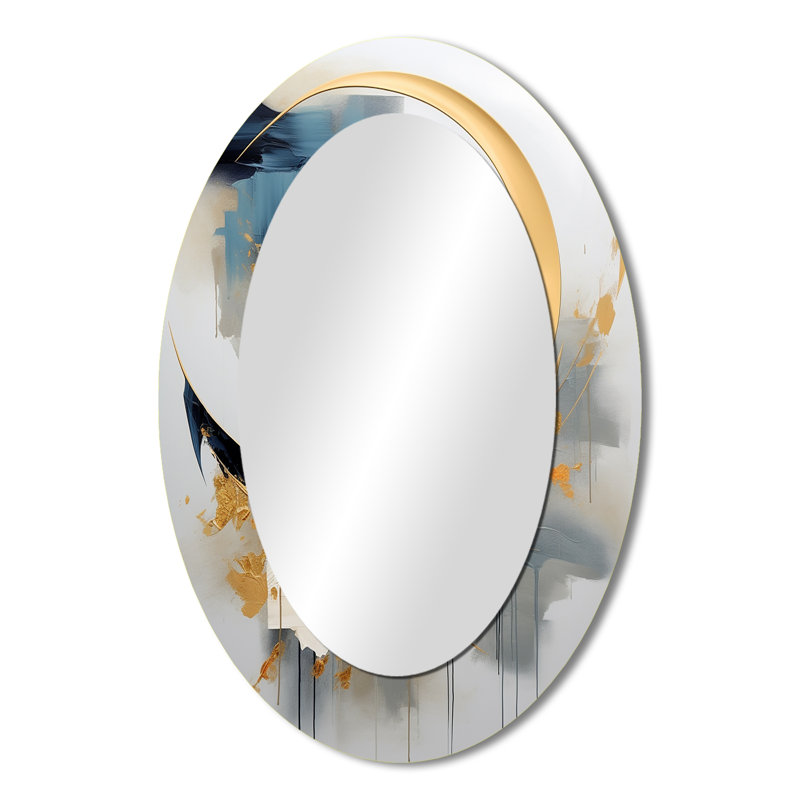 Abstract Golden Blue Whirls Of Serenity III - Abstract Oval Decorative Mirror On Metal, 36" x 24"