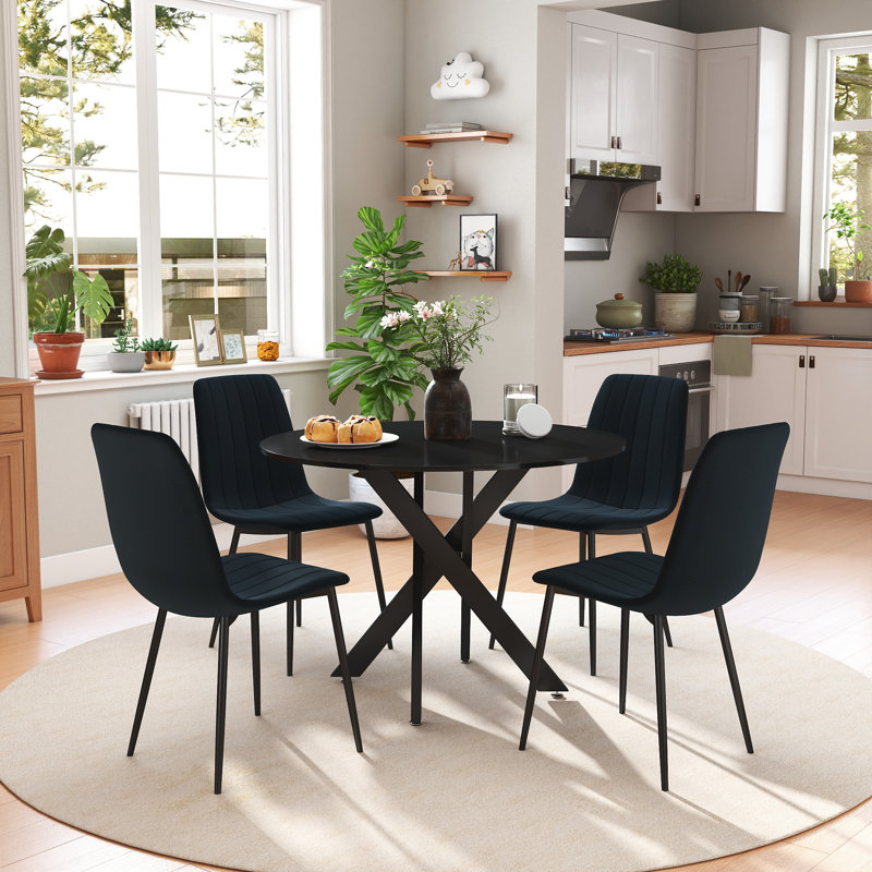 36in Round Dining Table Sets with Velvet Dining Chairs, 5, Black, Black