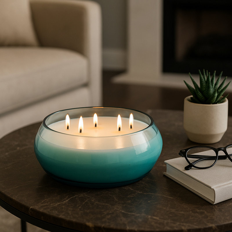 Glass Wax Decorative Candle Bowl With Modern Sculptural Design, Blue