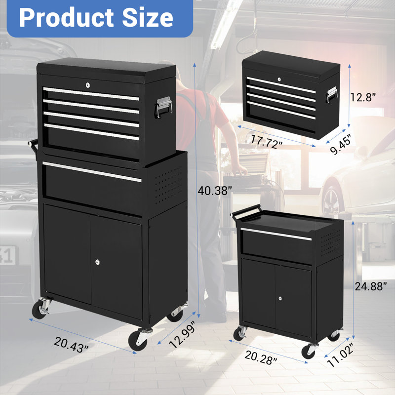 Coffre à outils 2 en 1 à roulettes détachables - Armoire en métal à 5 tiroirs avec rangement verrouillable, tiroirs coulissants et doublures, pour garage, atelier, entrepôt (noir et rouge)