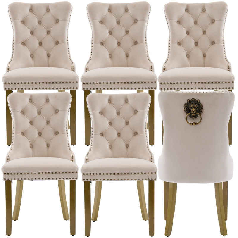 Traditional Velvet Wingback Tufted Solid Wood Upholstered Dining Chairs With Lion Head Pull Ring, Beige, 6