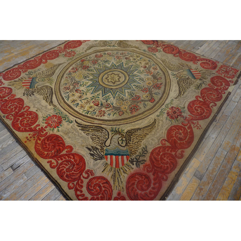 Antique American Hooked Wool & Cotton Ivory Rug