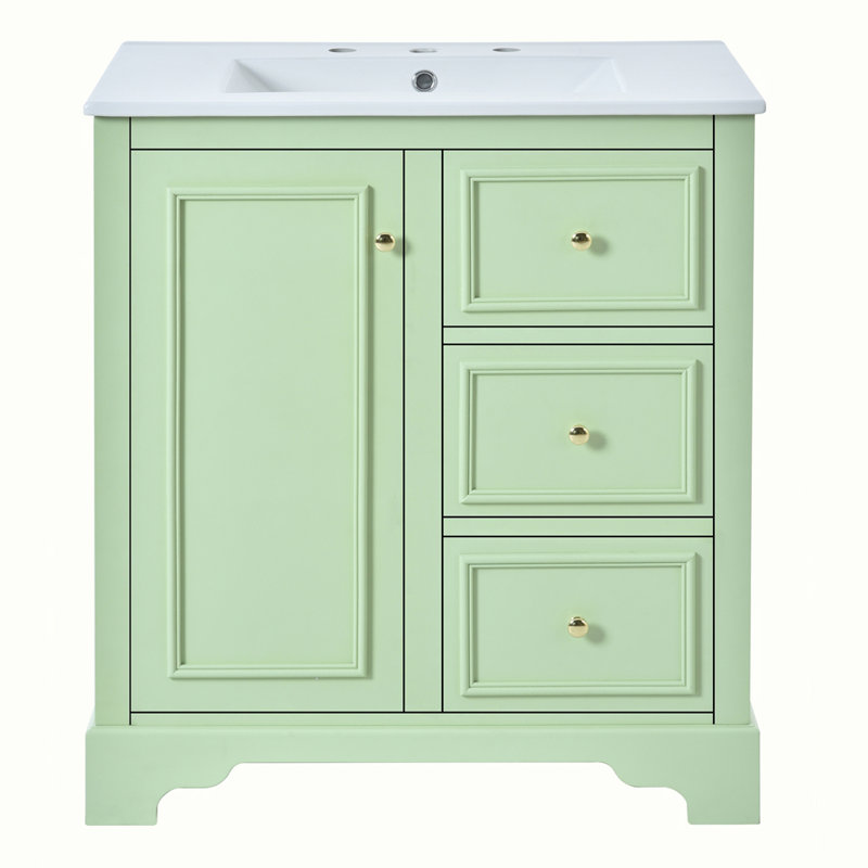 meuble-lavabo de salle de bain avec lavabo en céramique, 3 tiroirs et tablettes réglables, Vert, Doré