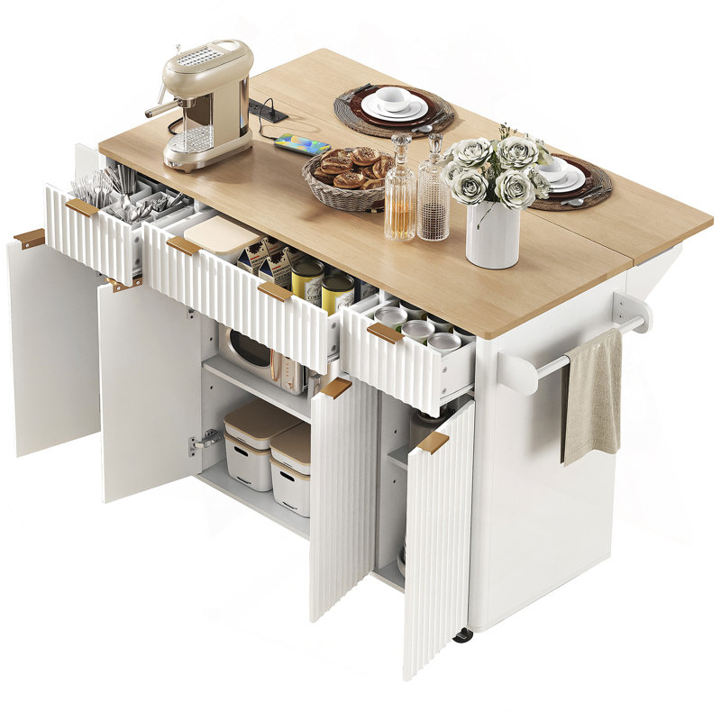 55.5" Rolling Kitchen Island With Drop Leaf, Built-In Charging Station & Ample Storage, Natural Wood, White